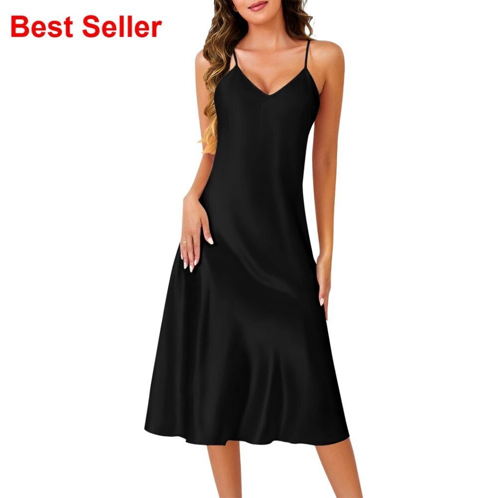 Long Satin Nightgown V-Neck Adjustable Straps Ruffle Hem Sleepwear - Picture 1 of 6